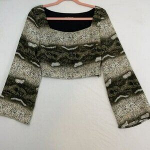 Eilly Bazar Crop Top, Long Sleeves, Zip Side, Lined, Snake Print, Tan & Brown, S